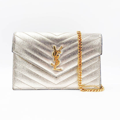 Saint Laurent Chain Wallet Monogram Envelope Metallic Calfskin Matelasse Chevron Pale Gold Leather Shoulder Bag - image 3