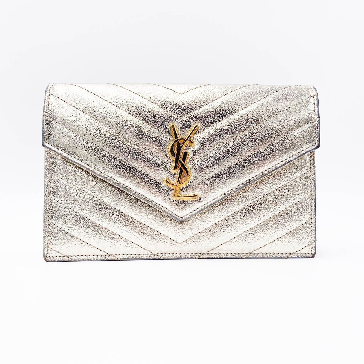 Saint Laurent Chain Wallet Monogram Envelope Metallic Calfskin Matelasse Chevron Pale Gold Leather Shoulder Bag - image 4