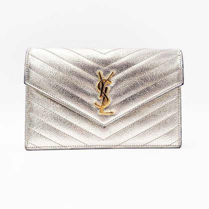 Saint Laurent Chain Wallet Monogram Envelope Metallic Calfskin Matelasse Chevron Pale Gold Leather Shoulder Bag - image 4