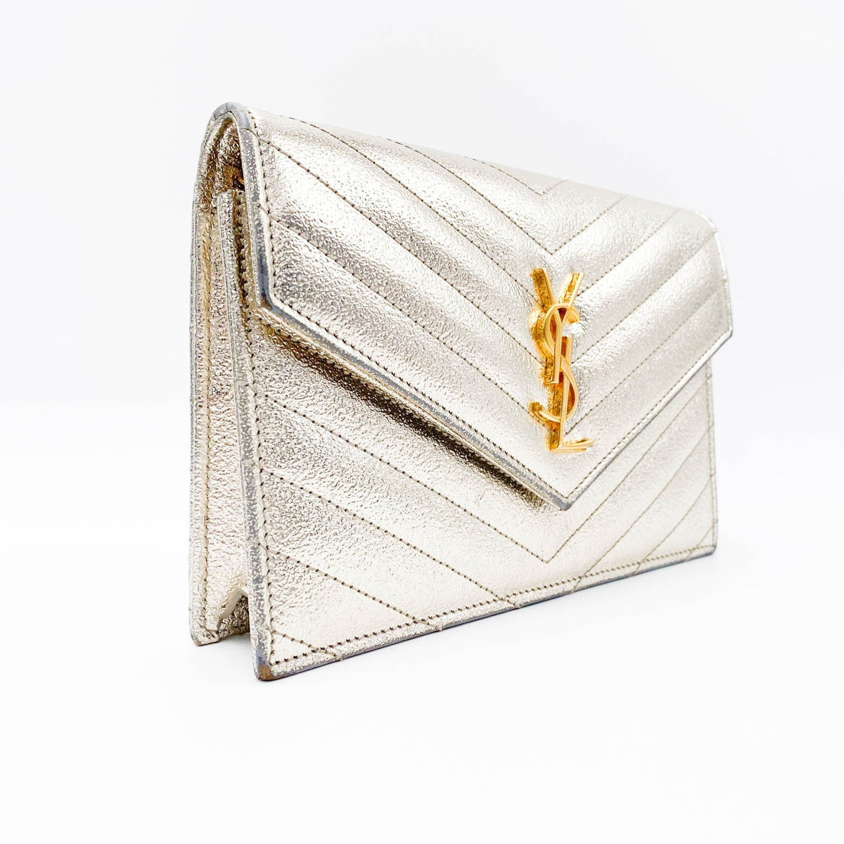 Saint Laurent Chain Wallet Monogram Envelope Metallic Calfskin Matelasse Chevron Pale Gold Leather Shoulder Bag - image 5