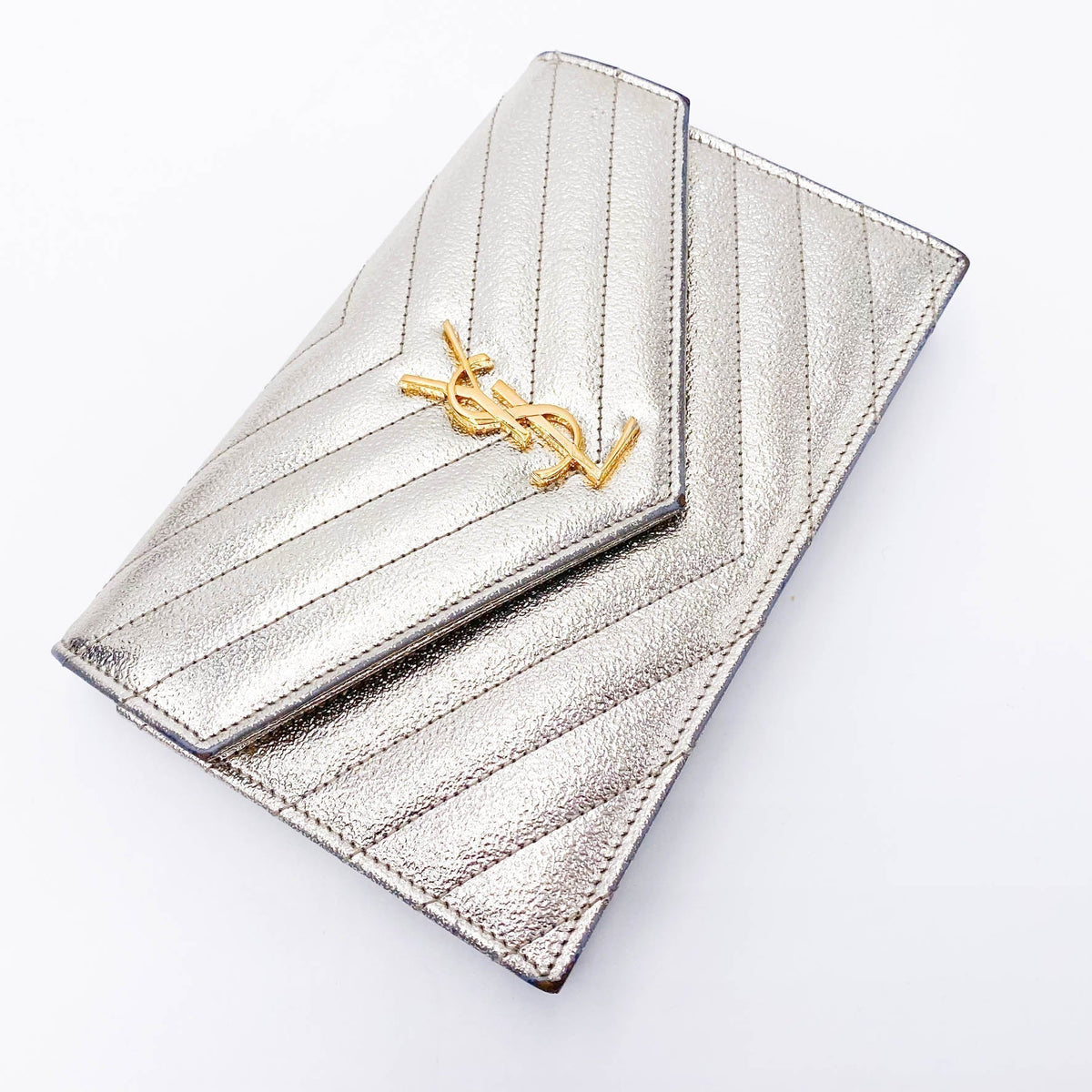 Saint Laurent Chain Wallet Monogram Envelope Metallic Calfskin Matelasse Chevron Pale Gold Leather Shoulder Bag - image 9
