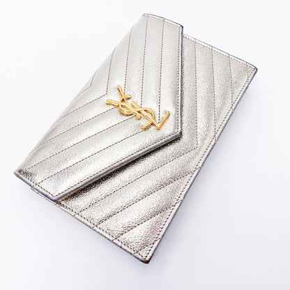 Saint Laurent Chain Wallet Monogram Envelope Metallic Calfskin Matelasse Chevron Pale Gold Leather Shoulder Bag - image 9