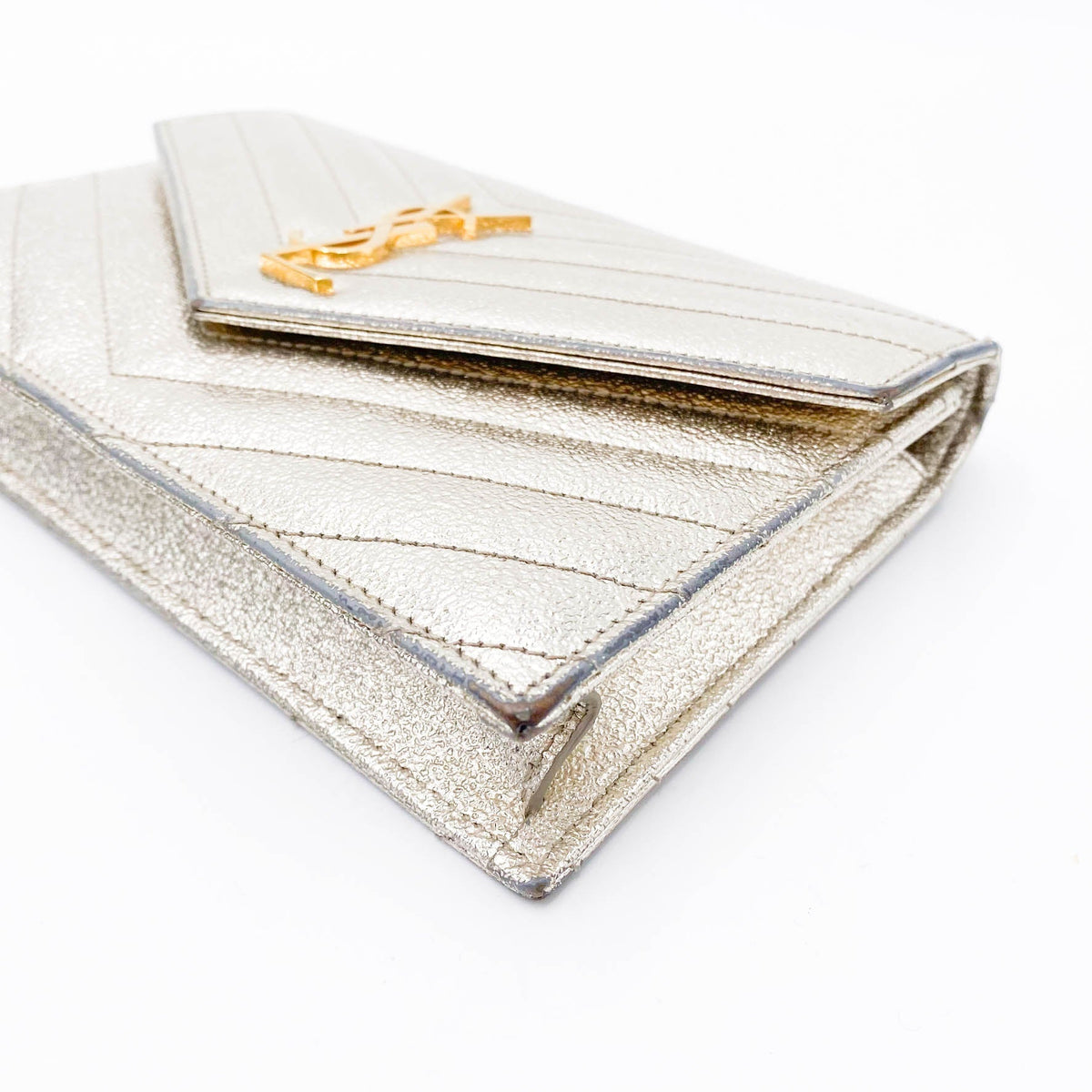 Saint Laurent Chain Wallet Monogram Envelope Metallic Calfskin Matelasse Chevron Pale Gold Leather Shoulder Bag - image 11