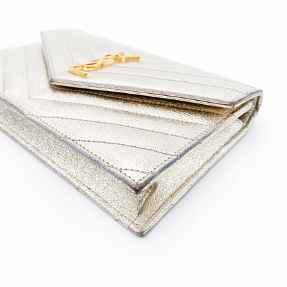 Saint Laurent Chain Wallet Monogram Envelope Metallic Calfskin Matelasse Chevron Pale Gold Leather Shoulder Bag - image 11