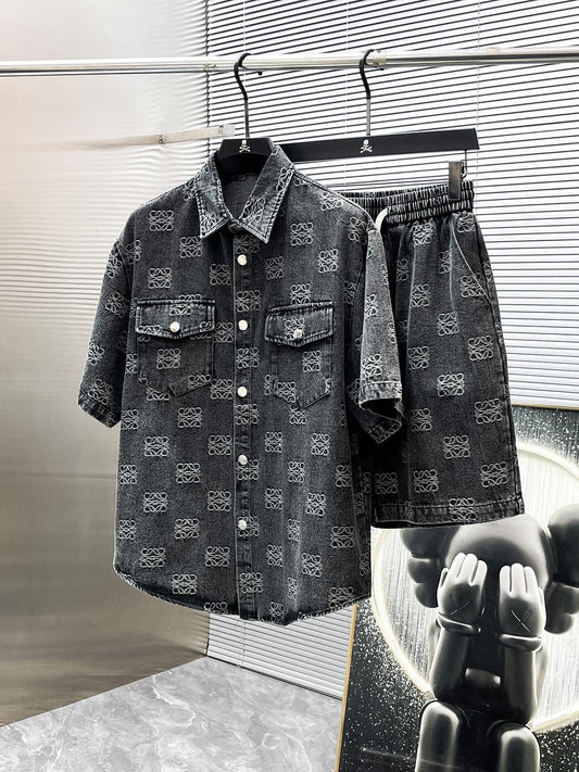 Loewe Allover Anagram Denim Set - Charcoal Black Short-Sleeved Shirt & Shorts Co-ord Set - photo 1