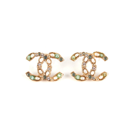 Chanel Coco Logo Green Pearl Rhinestone Earrings Costume Jewellery - photo 1