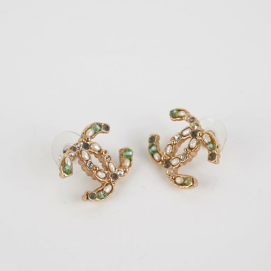 Chanel Coco Logo Green Pearl Rhinestone Earrings Costume Jewellery - photo 2