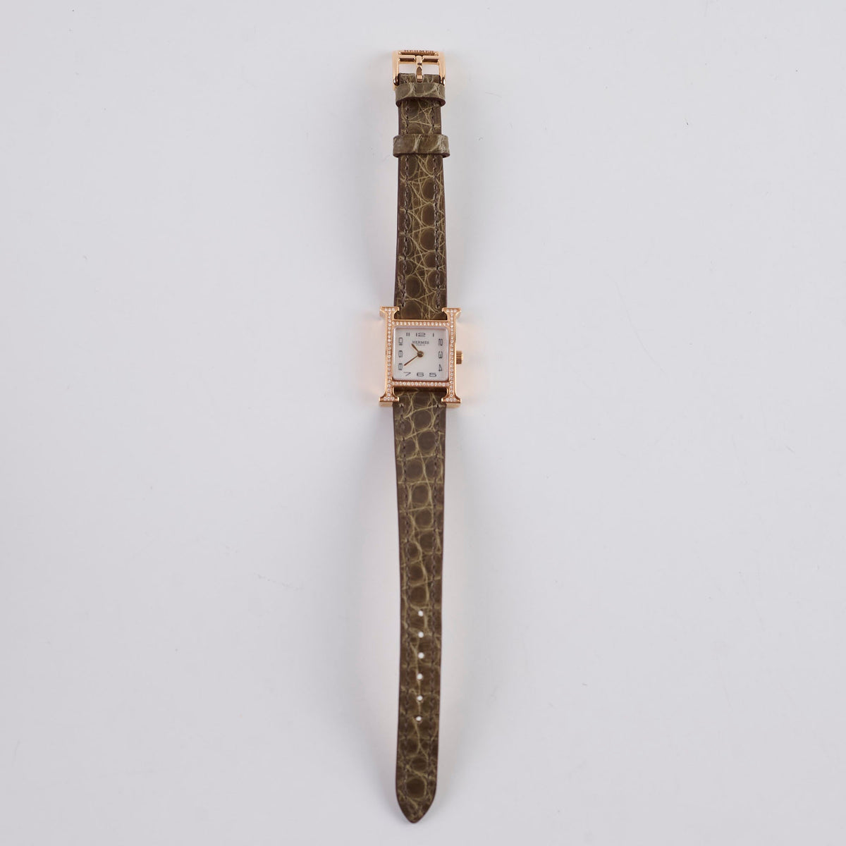 Hermes Heure H 21mm Mini Model Watch Rose Gold with Diamonds (Alligator Strap - Gris Elephant Grey) - photo 3