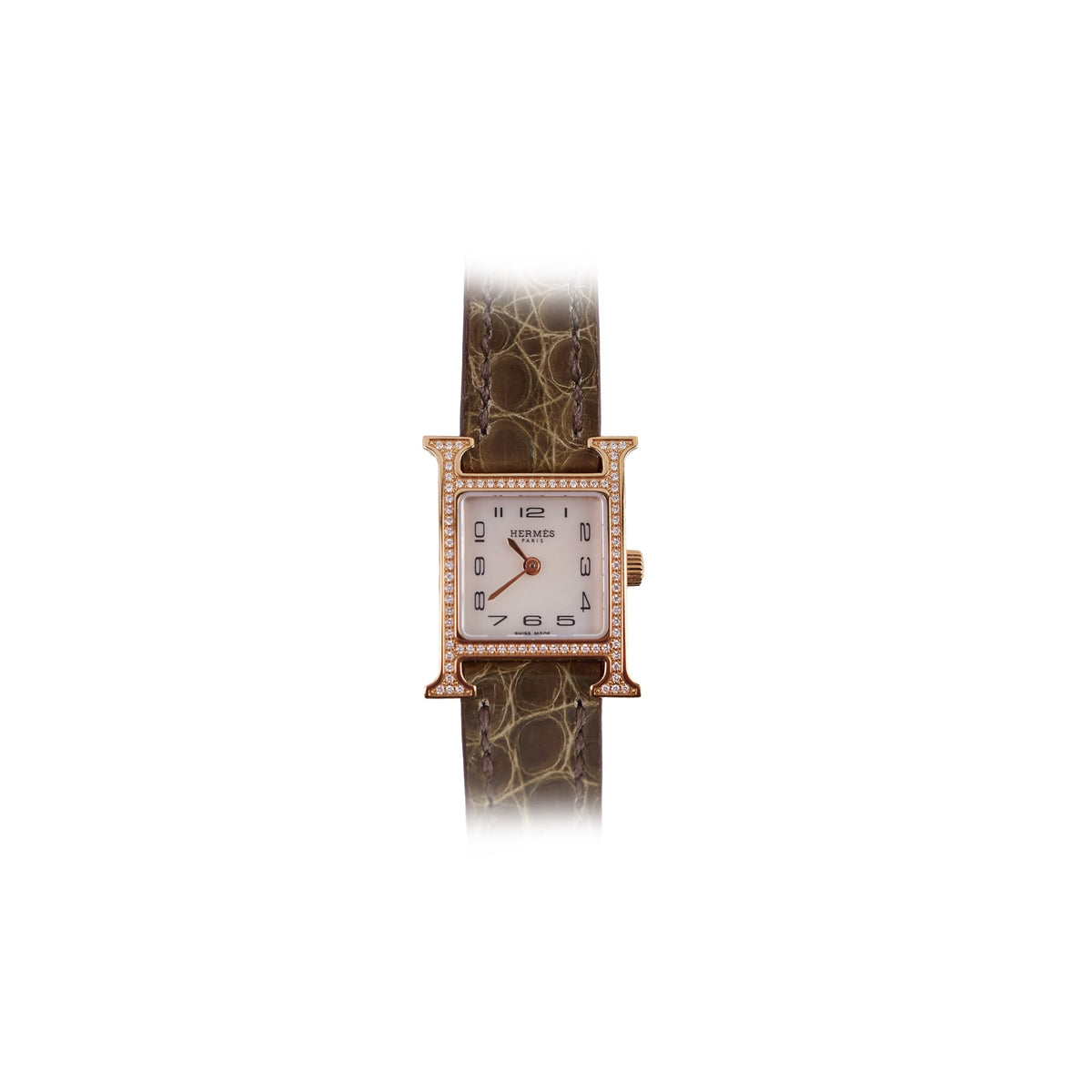 Hermes Heure H 21mm Mini Model Watch Rose Gold with Diamonds (Alligator Strap - Gris Elephant Grey) - photo 1