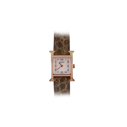 Hermes Heure H 21mm Mini Model Watch Rose Gold with Diamonds (Alligator Strap - Gris Elephant Grey) - photo 1