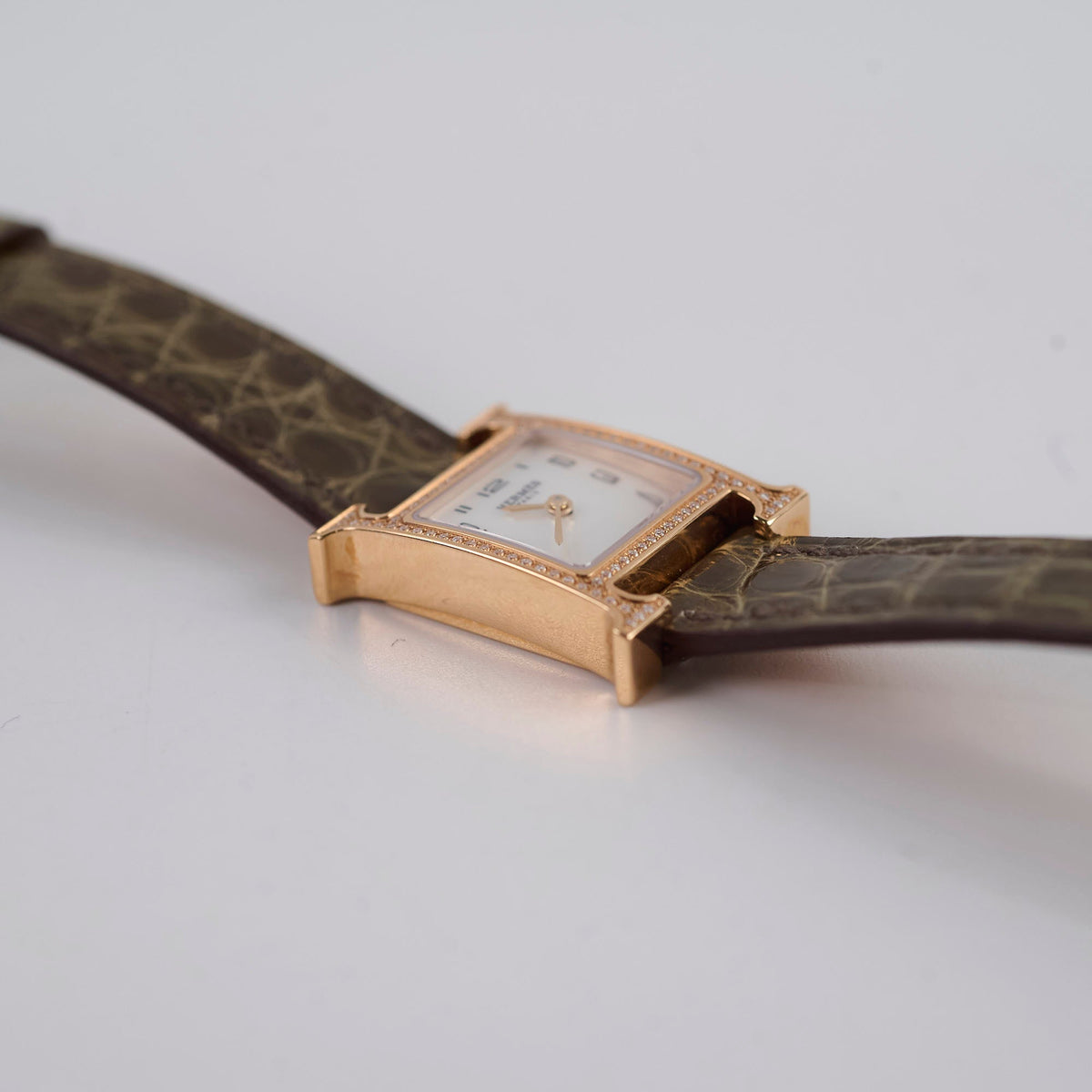 Hermes Heure H 21mm Mini Model Watch Rose Gold with Diamonds (Alligator Strap - Gris Elephant Grey) - photo 6