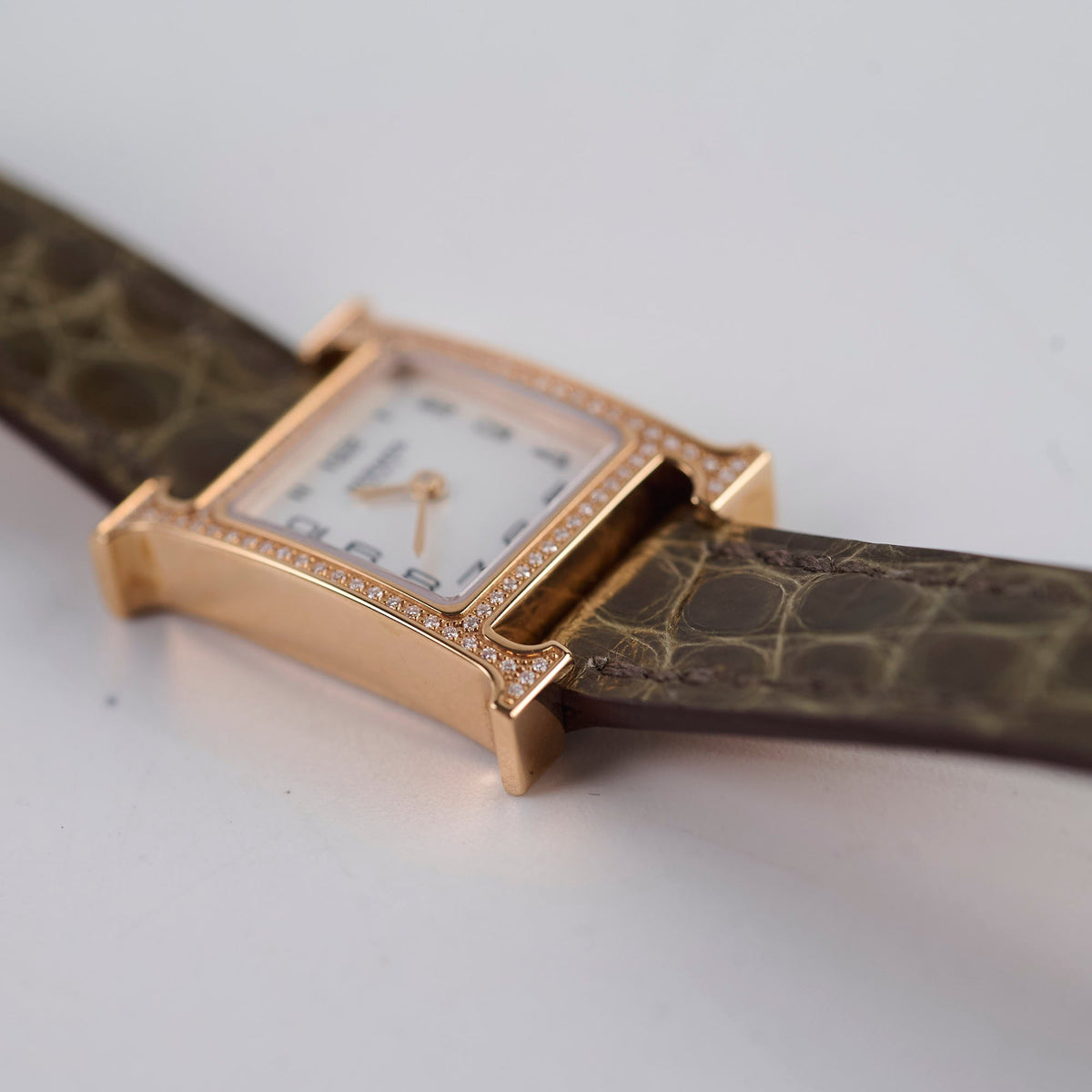 Hermes Heure H 21mm Mini Model Watch Rose Gold with Diamonds (Alligator Strap - Gris Elephant Grey) - photo 7