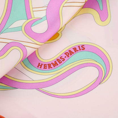 Hermes La Ligne Coup De Fouet 90cm Silk Scarf Rose Dragee/Vert/Jaune Souf - photo 5