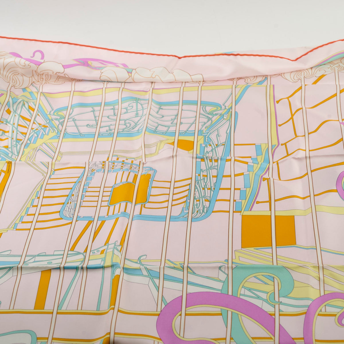 Hermes La Ligne Coup De Fouet 90cm Silk Scarf Rose Dragee/Vert/Jaune Souf - photo 2