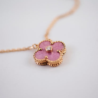 Van Cleef & Arpels Alhambra Pink Rhodonite Diamond Necklace Holiday Pendant 2021 - photo 4