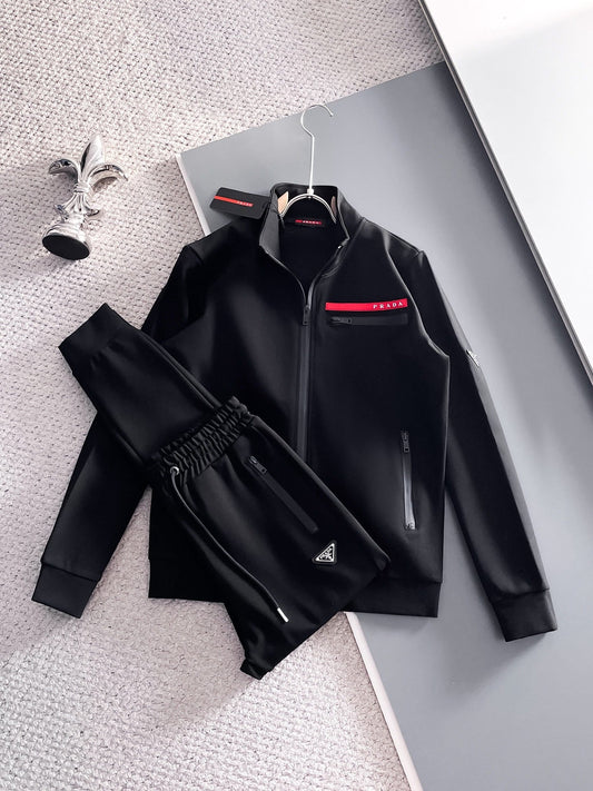 Prada Linea Rossa Tracksuit Set - Black Technical Knit Zip Jacket & Jogger Suit - photo 1