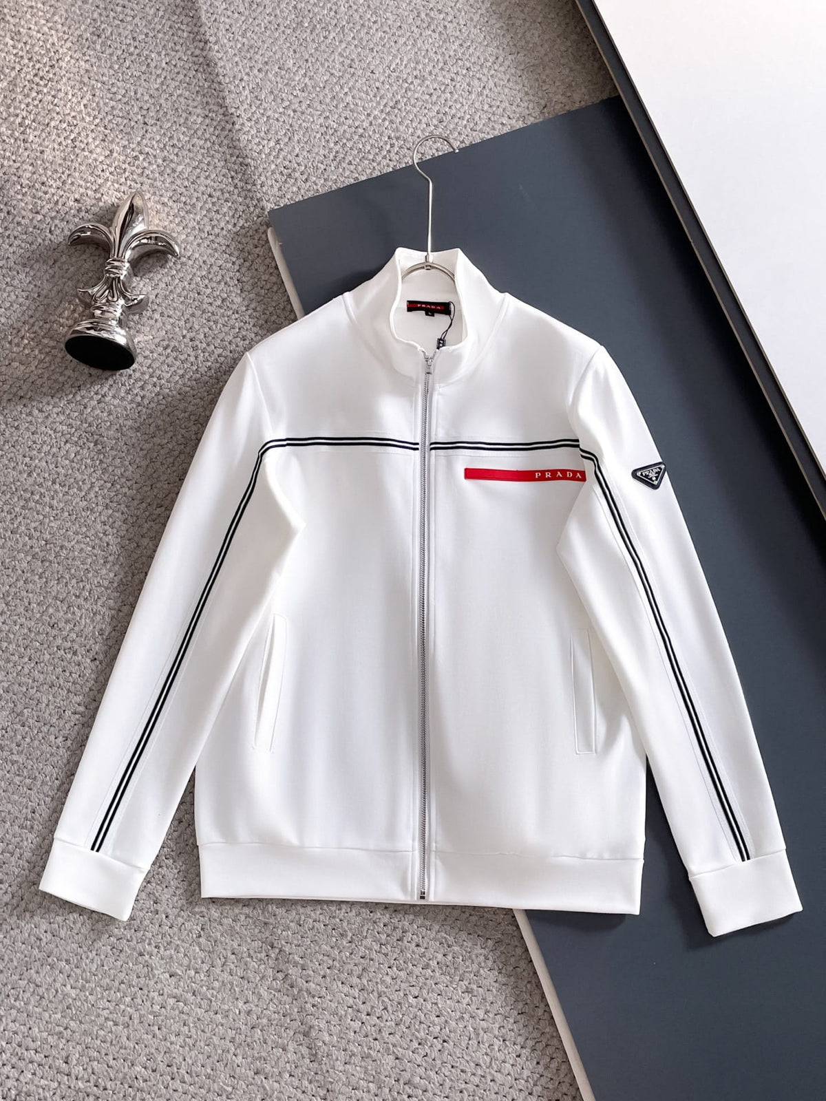 Prada Linea Rossa Tracksuit Set - White Technical Knit Stripe Zip Jacket & Pants - photo 2