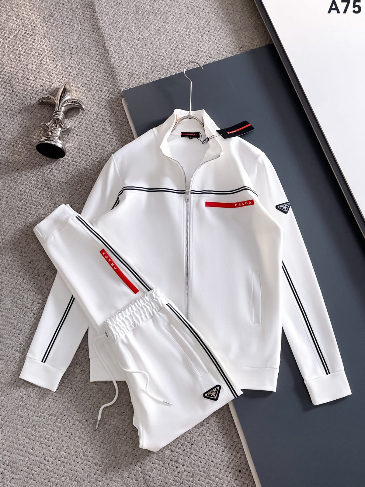 Prada Linea Rossa Tracksuit Set - White Technical Knit Stripe Zip Jacket & Pants - photo 1