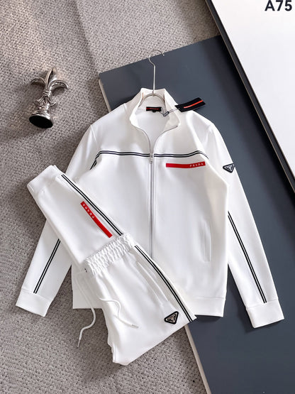 Prada Linea Rossa Tracksuit Set - White Technical Knit Stripe Zip Jacket & Pants - photo 1