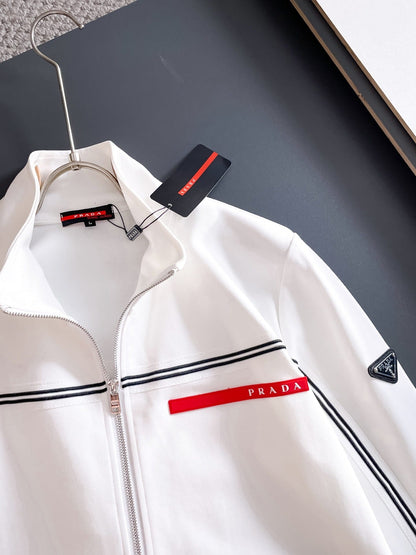 Prada Linea Rossa Tracksuit Set - White Technical Knit Stripe Zip Jacket & Pants - photo 6