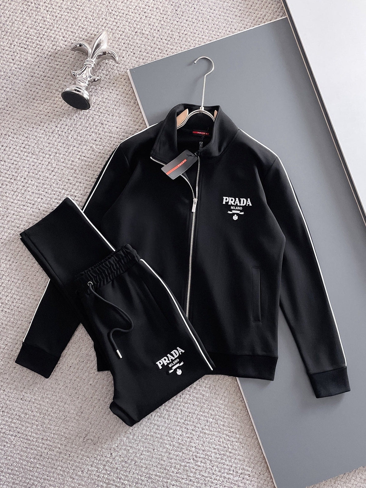 Prada Milano Tracksuit Set - Black Technical Knit Piping Zip Jacket & Pants - photo 1