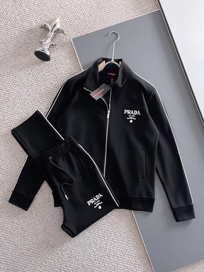 Prada Milano Tracksuit Set - Black Technical Knit Piping Zip Jacket & Pants - photo 1