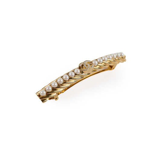 Chanel Gold Tone Pearl/Crystal CC Logo Hair Clip - photo 1