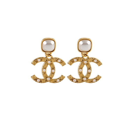 Chanel Faux Pearl Resin Gold CC Drop Earrings - photo 1