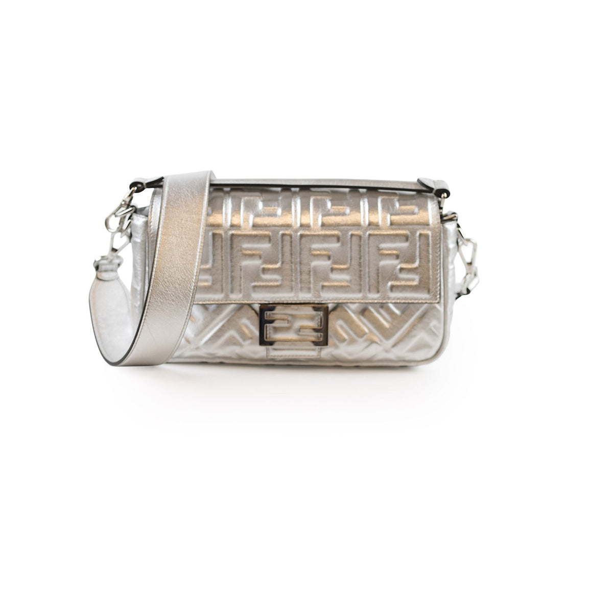 Fendi Medium Baguette FF Metalic Leather Flap Silver - photo 1