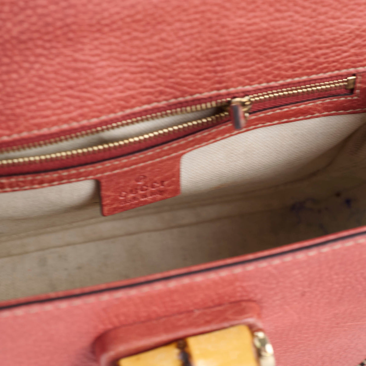 Gucci New Bamboo top handle Satchel Coral Red Grained Calfskin - photo 9