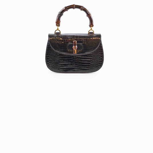 Gucci Vintage Bamboo Top Handle Crocodile Shiny Black - photo 1