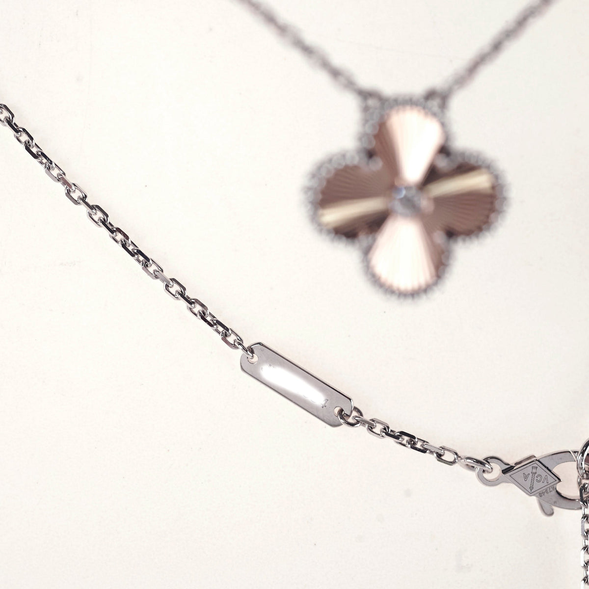 Van Cleef & Arpels Vintage Alhambra Pendant Necklace White Gold Guilloche Rose Gold Diamond 2024 - photo 4