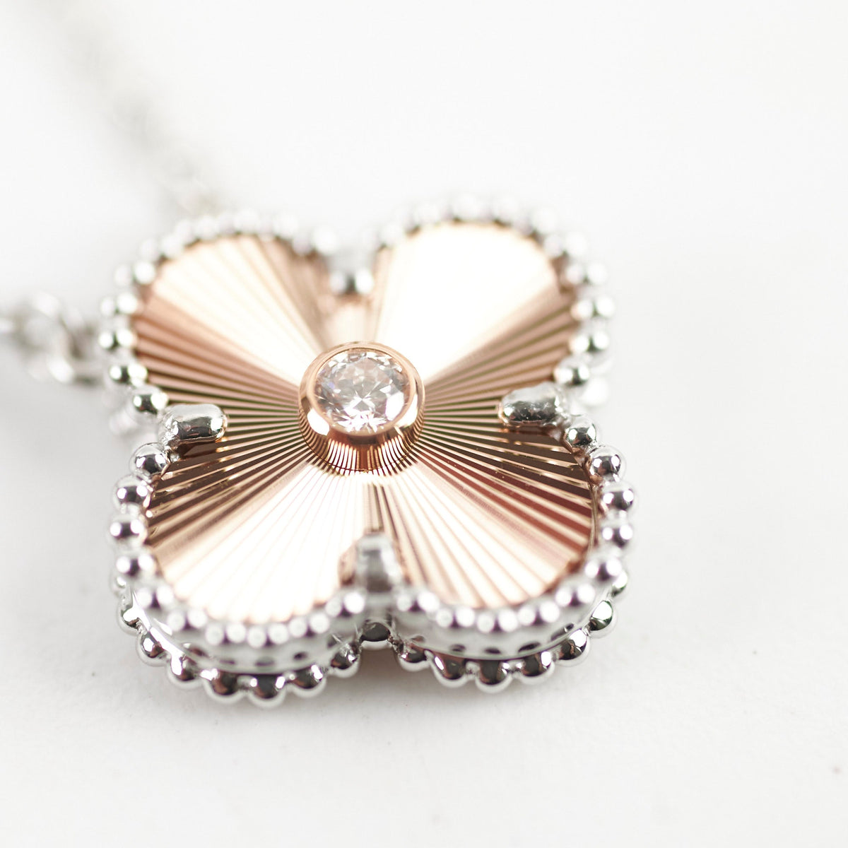 Van Cleef & Arpels Vintage Alhambra Pendant Necklace White Gold Guilloche Rose Gold Diamond 2024 - photo 9