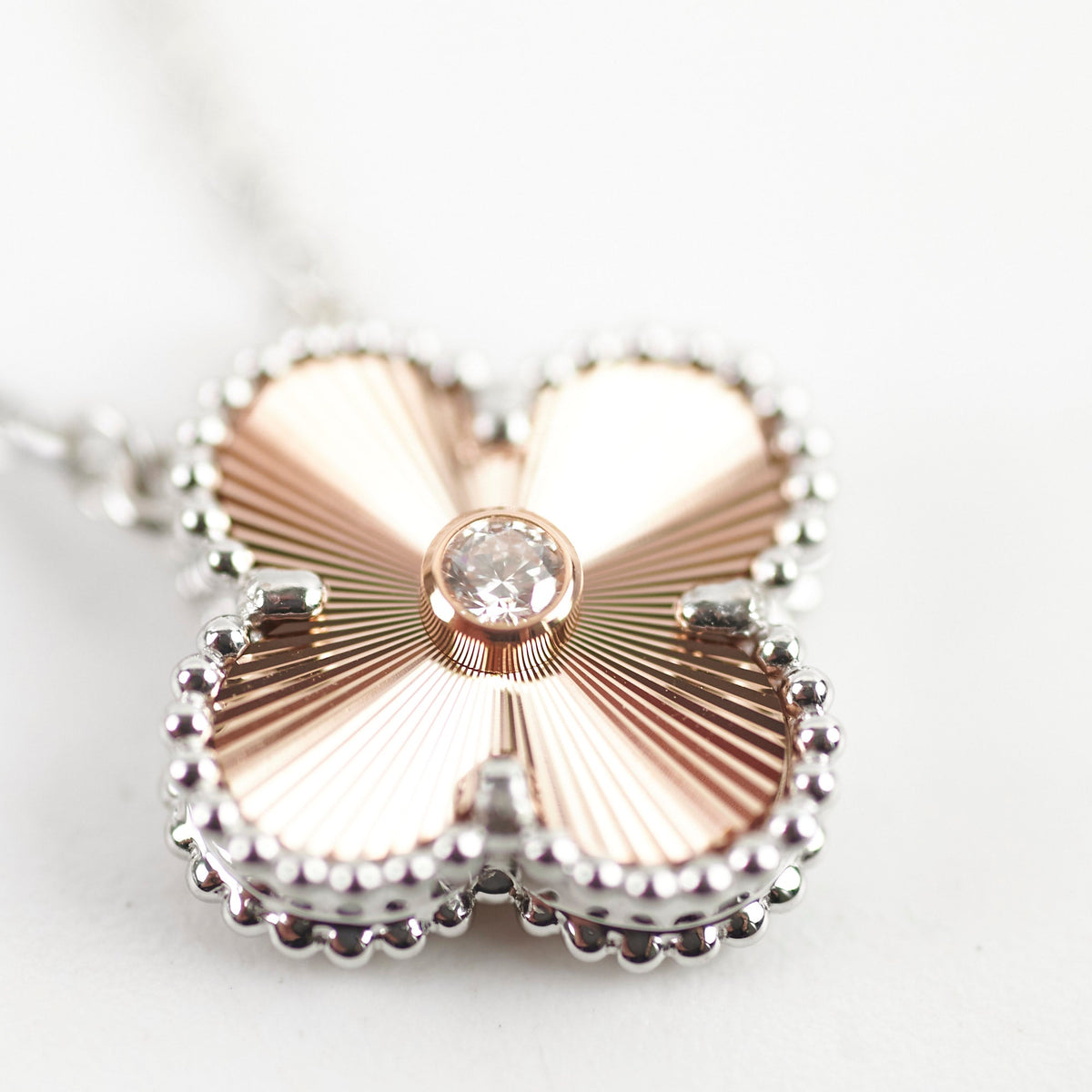 Van Cleef & Arpels Vintage Alhambra Pendant Necklace White Gold Guilloche Rose Gold Diamond 2024 - photo 8