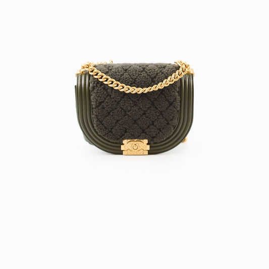 Chanel Small Boy Messenger Quilted Shearling Bag Khaki Microchip - photo 1