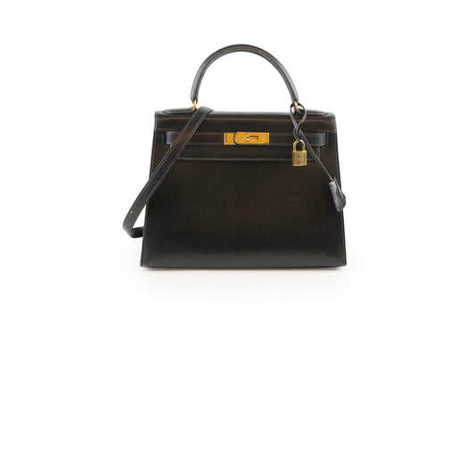 Hermes Kelly 28 Box Calf Black Gold - V Circle Stamp - photo 1