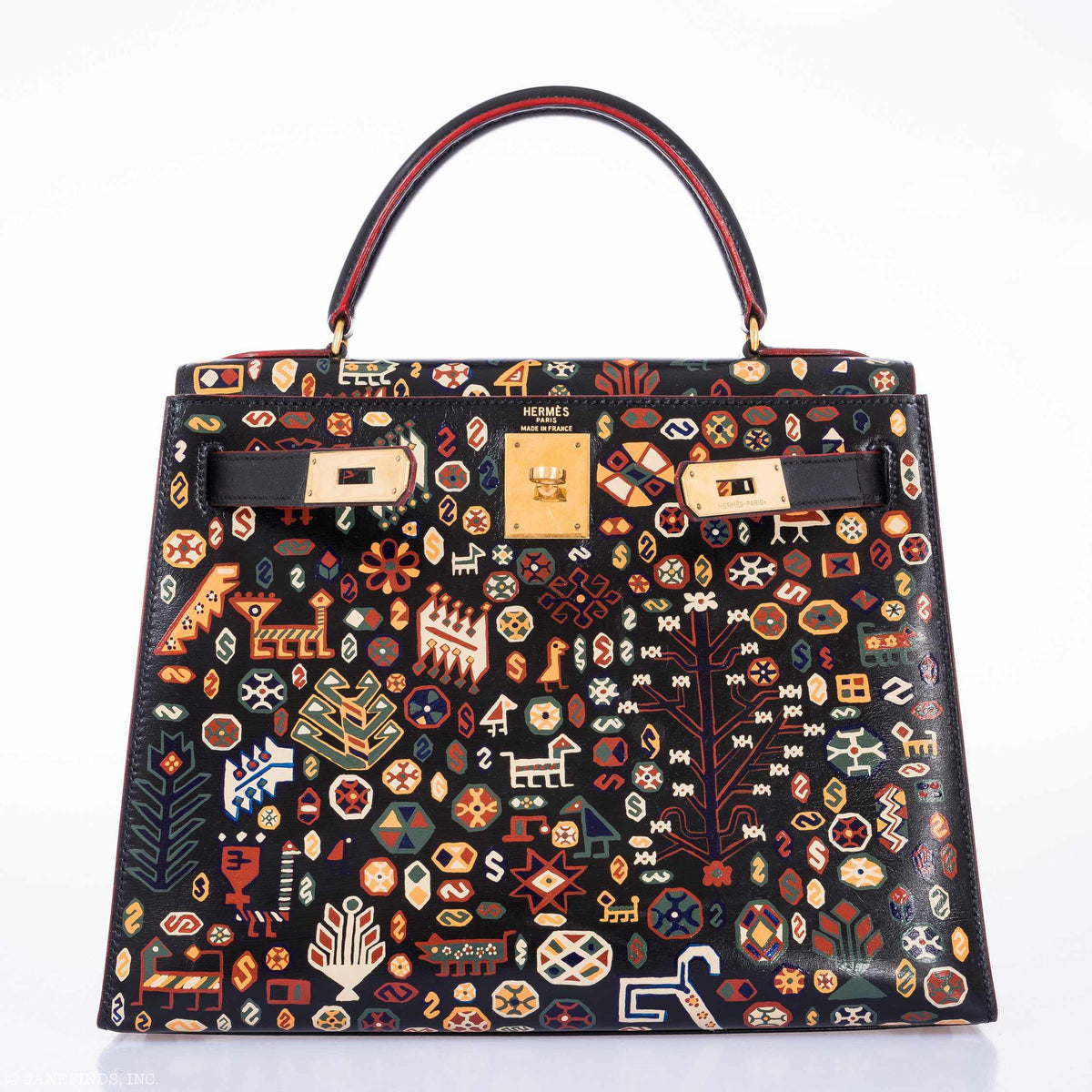 Vintage Hermes Kelly 28 Sellier Black Box Painted "Qashqai" Design with Gold Hardware - image 11