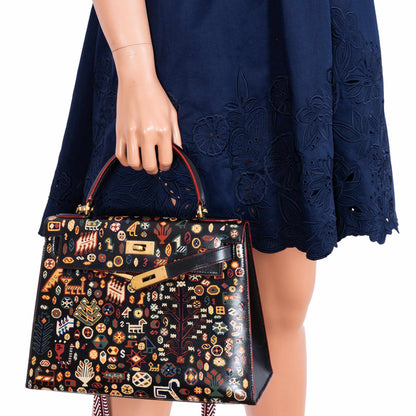 Vintage Hermes Kelly 28 Sellier Black Box Painted "Qashqai" Design with Gold Hardware - image 14