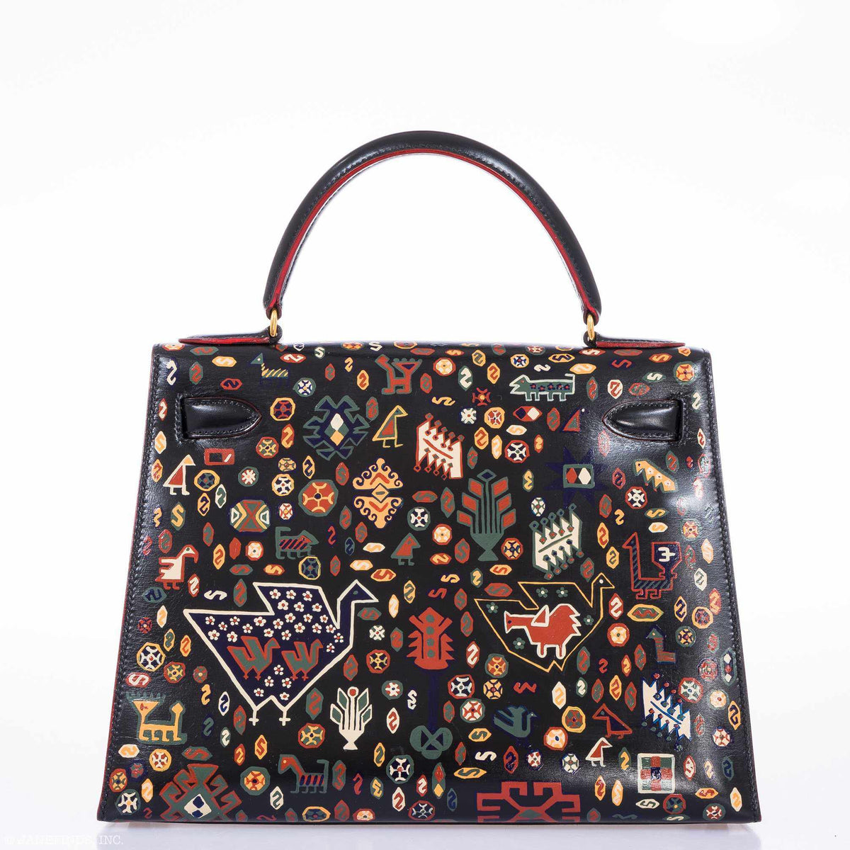 Vintage Hermes Kelly 28 Sellier Black Box Painted "Qashqai" Design with Gold Hardware - image 3