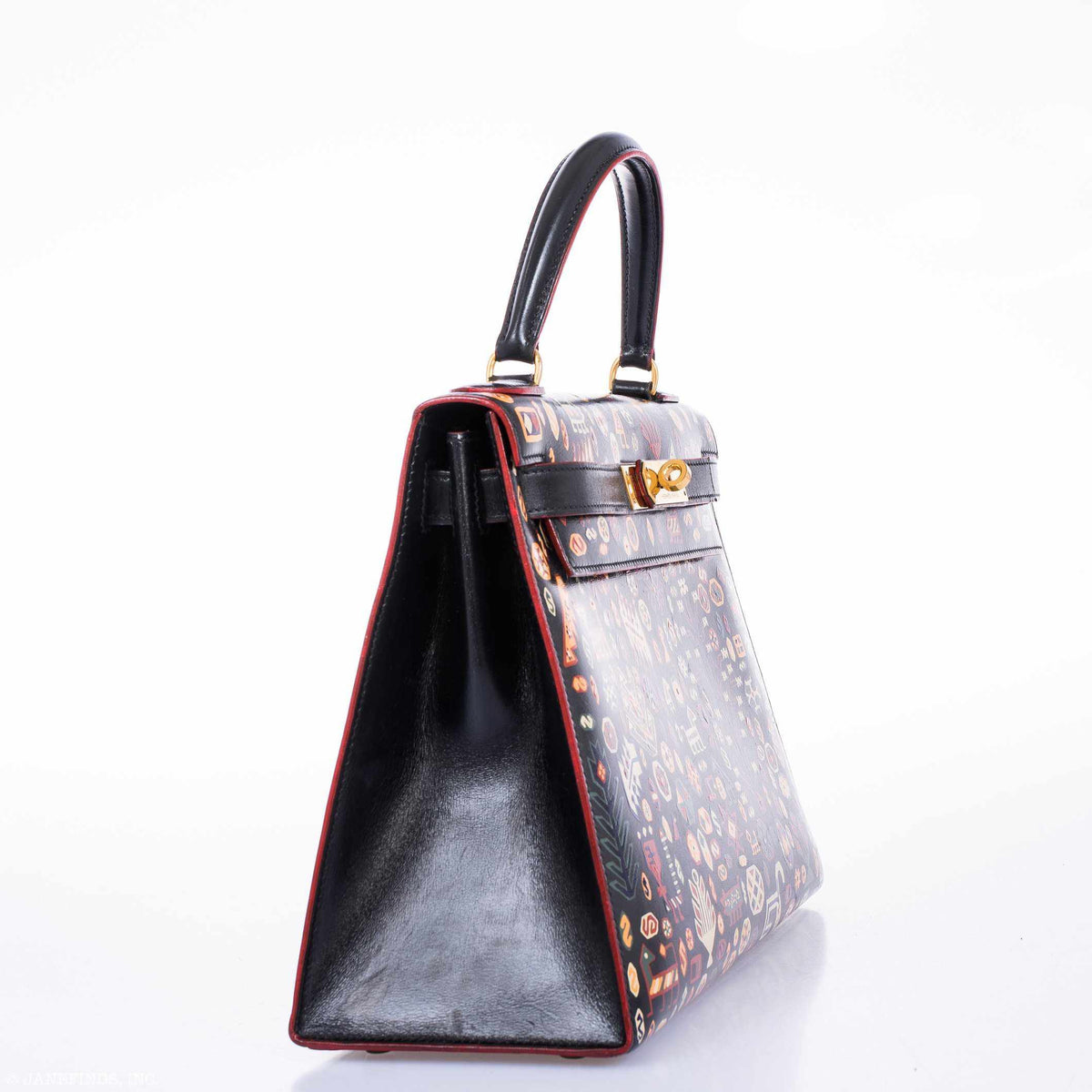 Vintage Hermes Kelly 28 Sellier Black Box Painted "Qashqai" Design with Gold Hardware - image 9