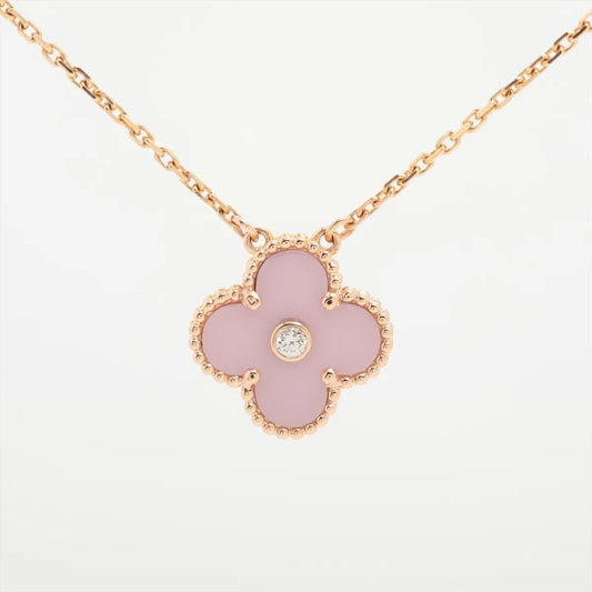 Van Cleef & Arpels Vintage Alhambra Holiday Pendant Pink Porcelain Diamond Necklace - photo 1