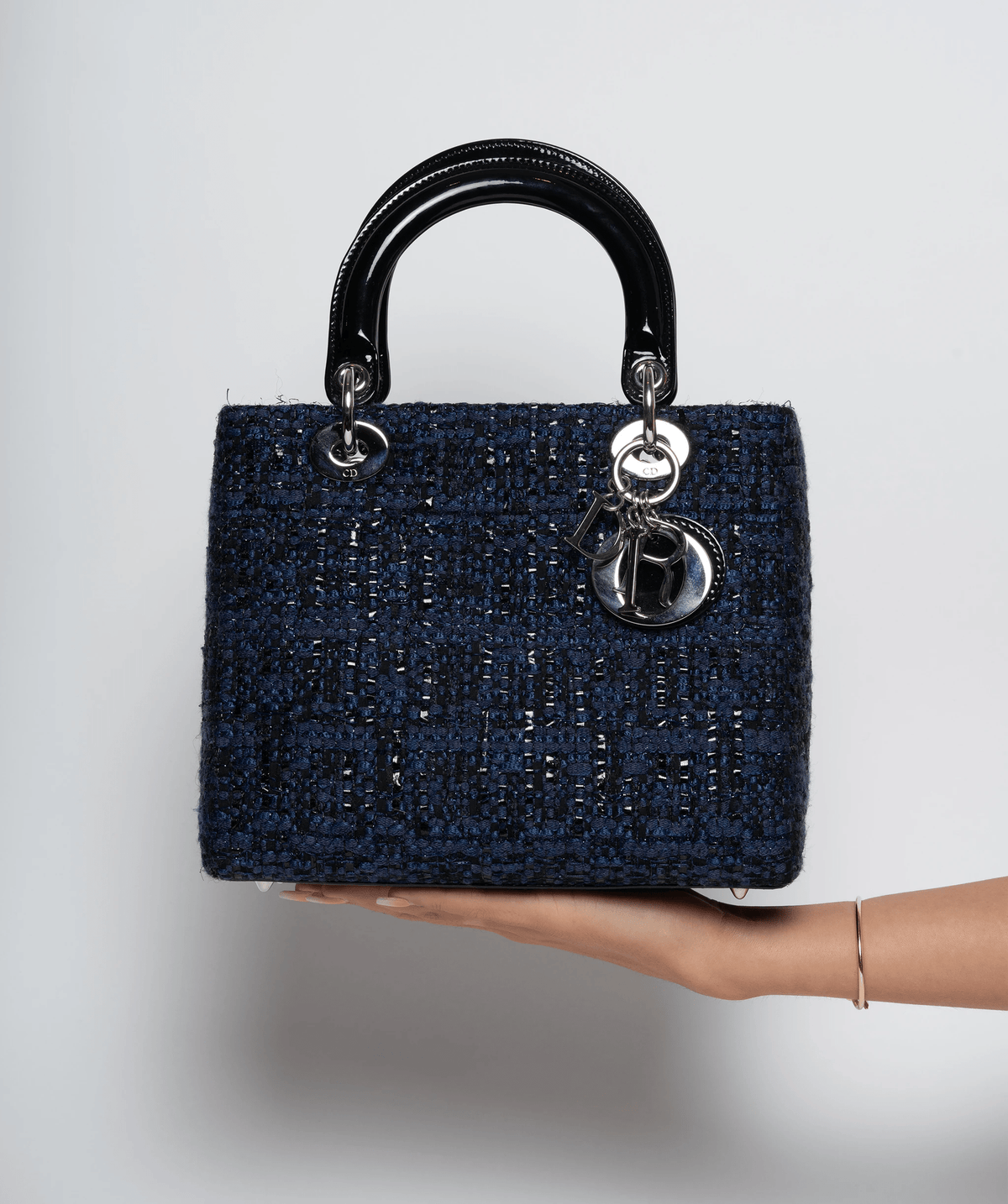 Christian Dior Blue Tweed and Patent Lady Dior Bag - image 12