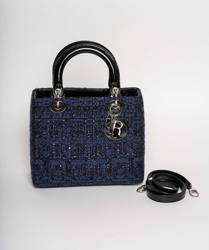 Christian Dior Blue Tweed and Patent Lady Dior Bag - image 6