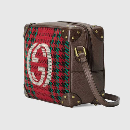 Houndstooth and Stripe Shoulder Bag with Interlocking G Red and Green Houndstooth - image 2
