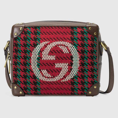 Houndstooth and Stripe Shoulder Bag with Interlocking G Red and Green Houndstooth - image 1