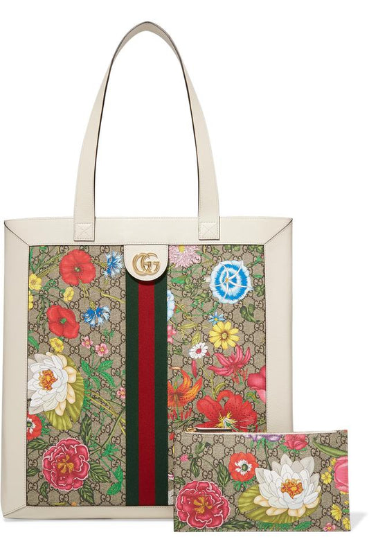 Gucci Ophidia GG Flora Canvas White Leather Vertical Shopping Tote 519335 - image 1