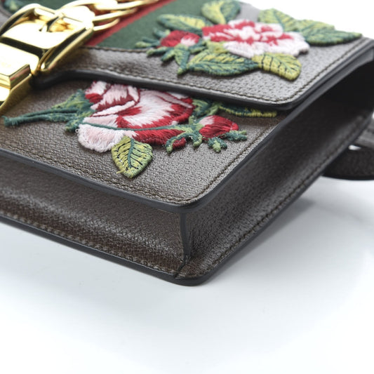 Gucci Sylvie Belt Bag Floral Rose Embroidered Brown Leather 476811 - image 2
