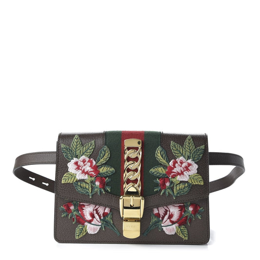 Gucci Sylvie Belt Bag Floral Rose Embroidered Brown Leather 476811 - image 1