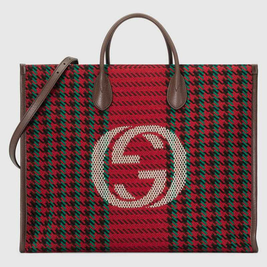 Houndstooth and Stripe Tote with Interlocking G Red and Green - image 1