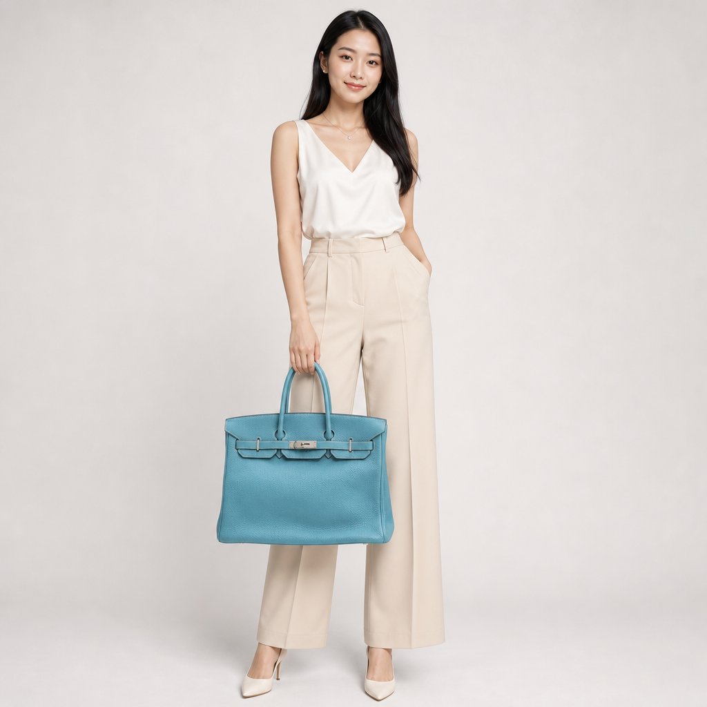 Hermes Birkin 35 Blue Jean PHW Square H Stamp - photo 2